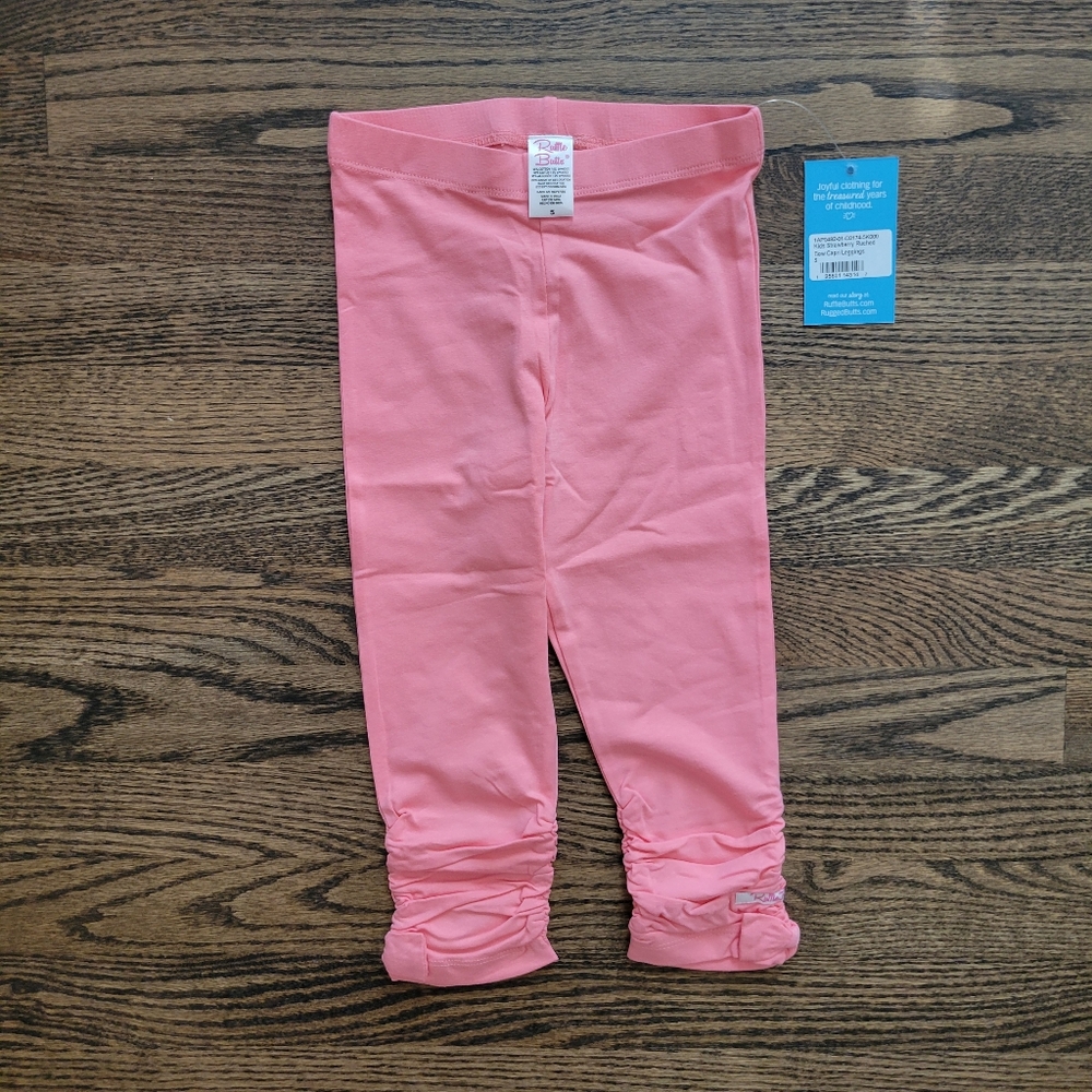NWT RuffleButts Girls Size 5 Strawberry Pink Ruched Bow Capri Leggings